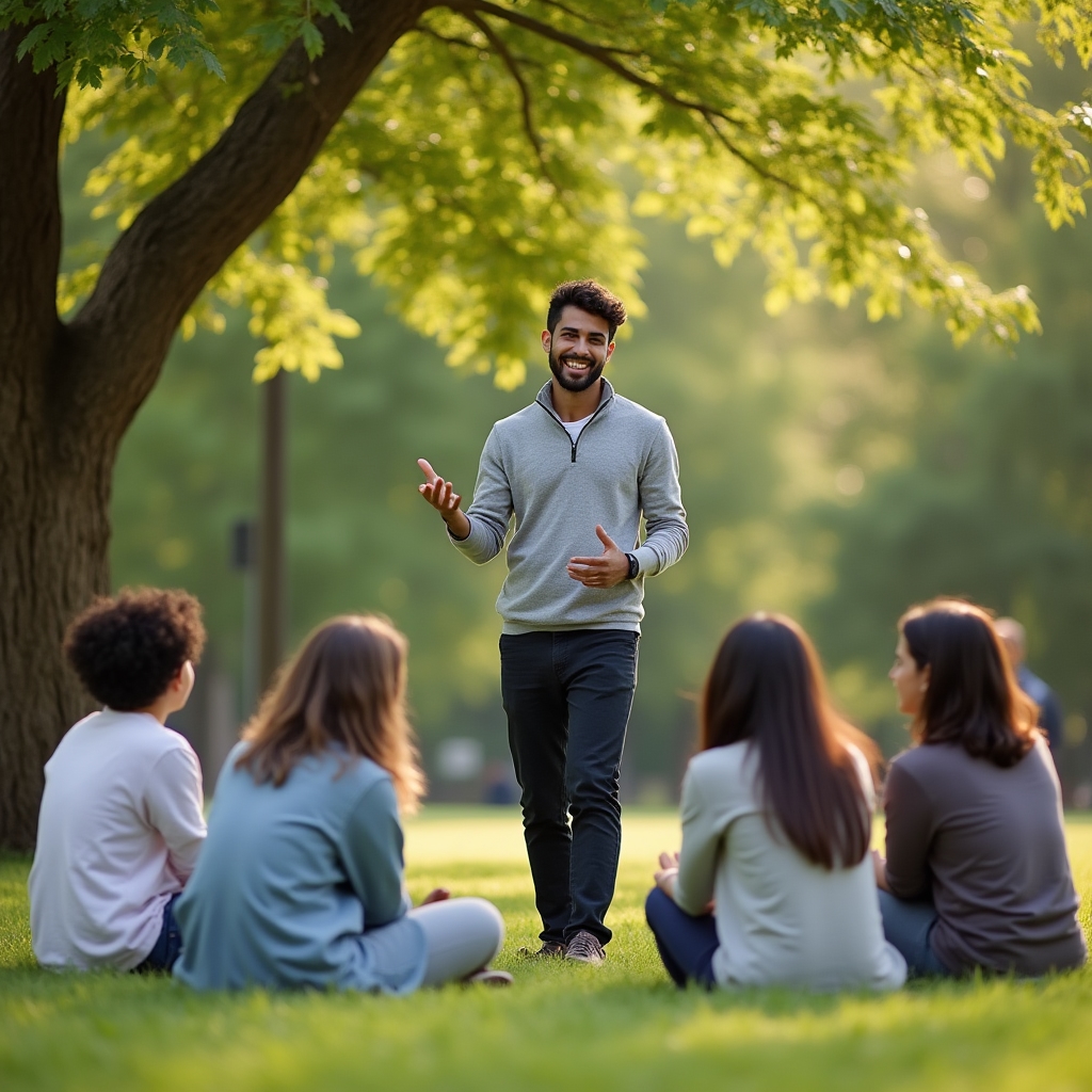 Monitor gestionando un grupo heterogéneo de jóvenes en actividad al aire libre